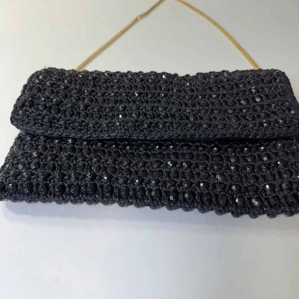 Fashion Imports Vintage Black Beaded Crochet Clutch Bag Gold Chain Made in Italy